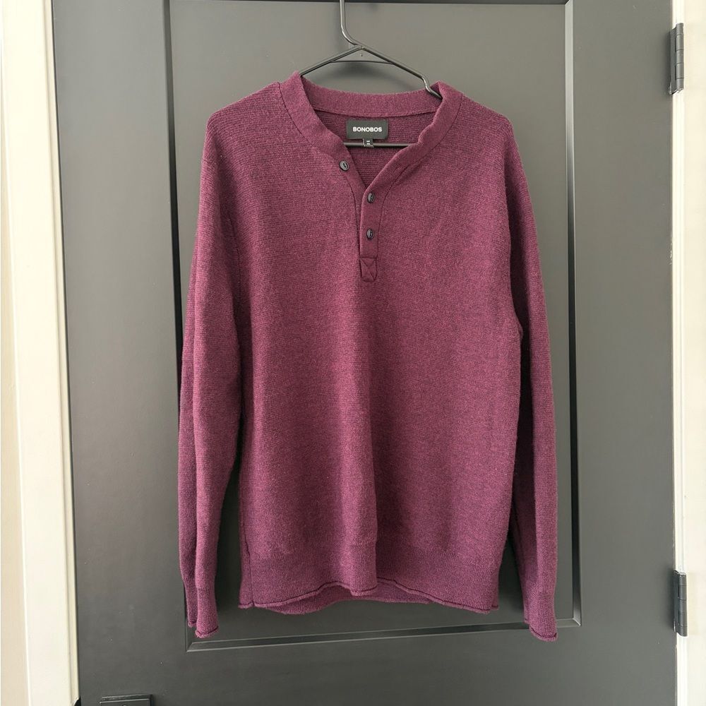 Bonobos Henley Crewneck Sweater Burgundy 100% Extra Fine Merino Wool Size XXL